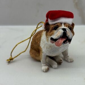 Brand New in Box Sandicast Bulldog Christmas Ornament with Santa Hat Festive Dog